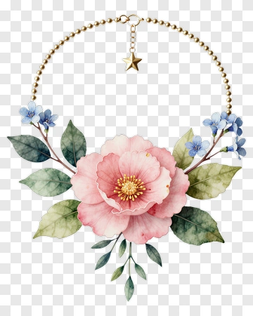 Floral Wreath With Pink Flower And Blue Accents PNG