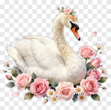 Swan Surrounded By Pink Roses PNG