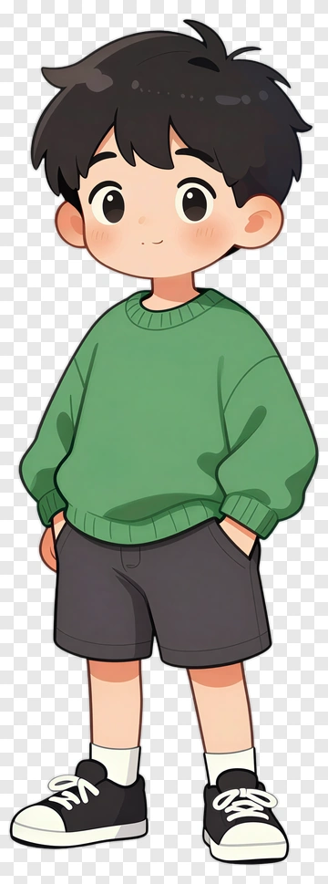 Cartoon Boy In Green Sweater And Shorts PNG