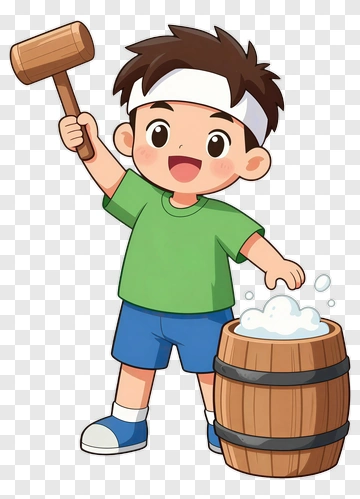 Cartoon Boy Holding A Hammer Next To A Barrel PNG