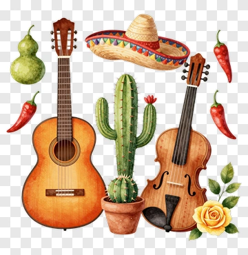 Mexican Music Elements With Cactus And Chili Peppers PNG