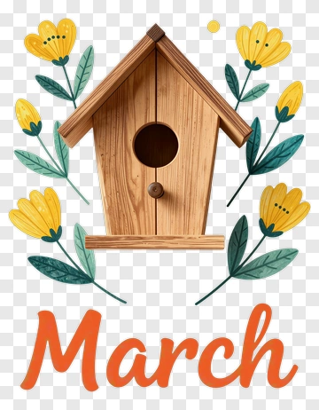 Birdhouse Surrounded By Flowers With March Text PNG