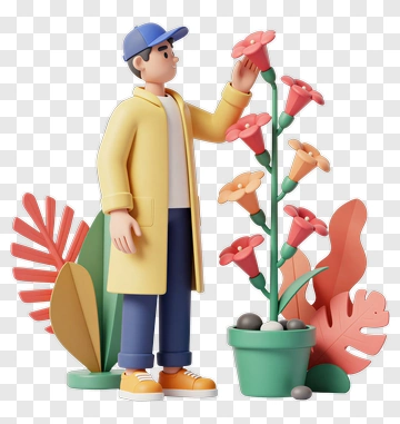 3D Gardener Interacting With Flower Pot PNG