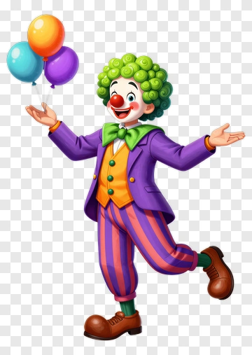 Cartoon Clown Holding Colorful Balloons PNG