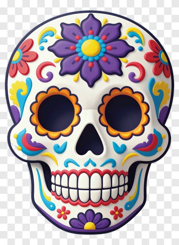 Colorful Sugar Skull With Floral Patterns PNG
