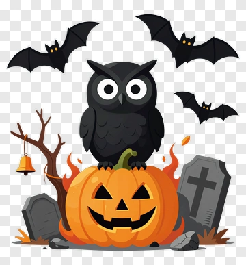Cartoon Owl On A Halloween Pumpkin With Bats PNG