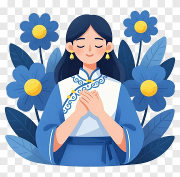 Woman In Blue Dress Surrounded By Flowers PNG