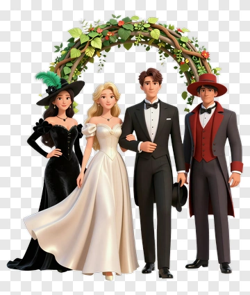 Wedding Couple With Friends Under Floral Arch PNG
