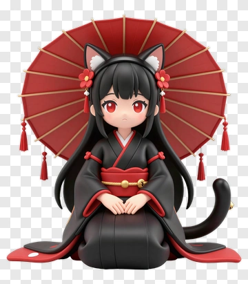 3D Catgirl In Traditional Kimono With Parasol PNG