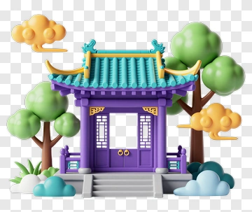 Colorful Chinese Pavilion Surrounded By Trees And Clouds PNG