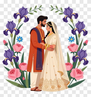 Couple In Traditional Wedding Attire Surrounded By Flowers PNG
