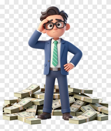 Worried Businessman Standing On A Pile Of Money PNG