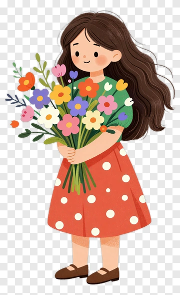Girl Holding A Bouquet Of Flowers PNG