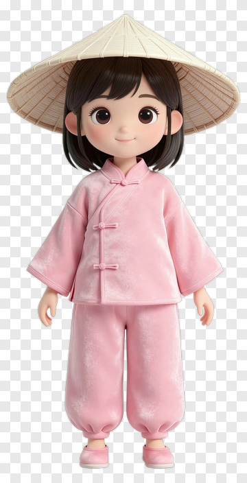 3D Girl Wearing Pink Outfit And Conical Hat PNG