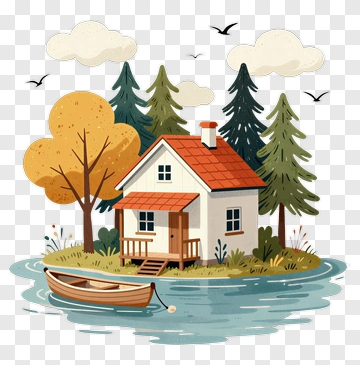 Cozy House By The Water With Trees And Boat PNG