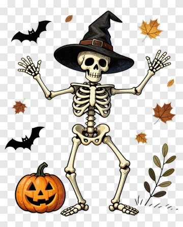 Cartoon Skeleton Wearing A Witch Hat With Halloween Pumpkin PNG
