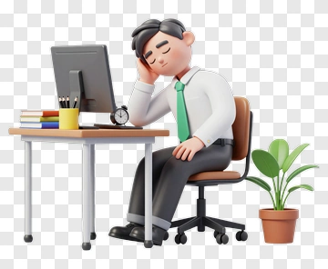3D Businessman Sitting At Desk With Head In Hand PNG