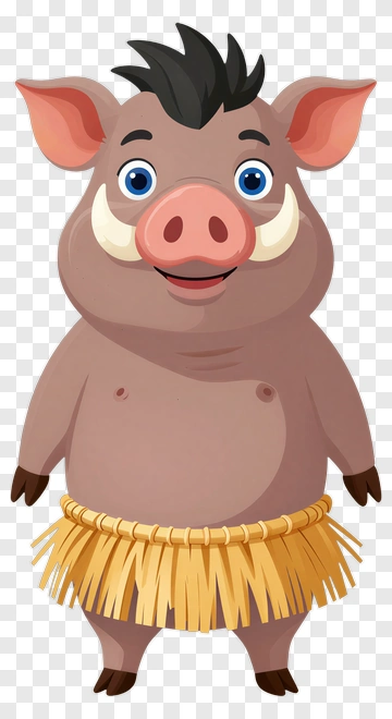 Cartoon Boar Wearing A Grass Skirt PNG
