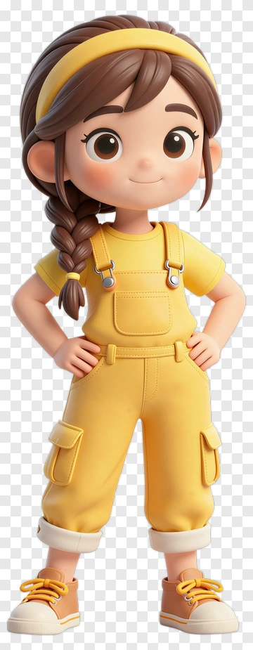 3D Girl In Yellow Overalls PNG