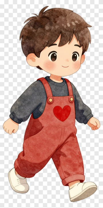 Cartoon Boy Walking In Red Overalls PNG