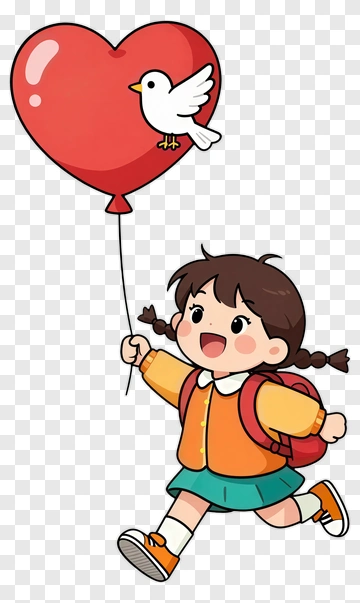 Cartoon Girl Holding A Heart Balloon PNG