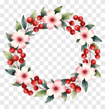 Floral Wreath With Pink Flowers And Red Berries PNG