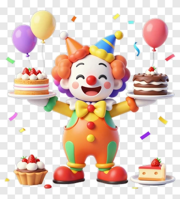 Cartoon Clown Holding Cakes And Balloons PNG