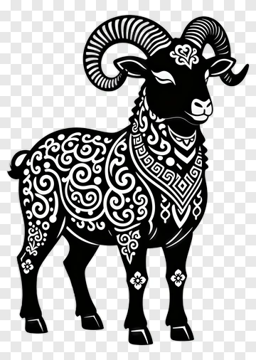 Decorative Black Ram With Ornate Patterns PNG