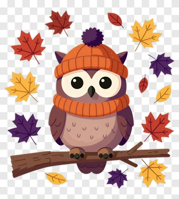 Cartoon Owl Wearing An Orange Hat Surrounded By Autumn Leaves PNG