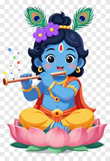 Cartoon Krishna Playing Flute On A Lotus Flower PNG