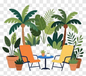 Cozy Outdoor Seating Area With Tropical Plants PNG