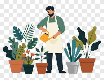 Gardener Watering Potted Plants PNG