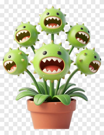 Cartoon Plant With Multiple Angry Faces PNG