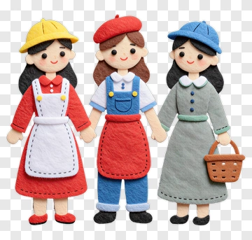 Felt Dolls In Colorful Outfits PNG