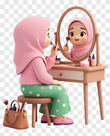 Cartoon Girl Applying Makeup At Vanity PNG