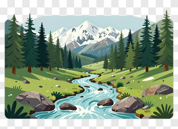 Mountain Landscape With River And Pine Trees PNG