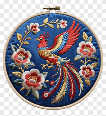 Colorful Embroidery Of A Phoenix With Flowers PNG