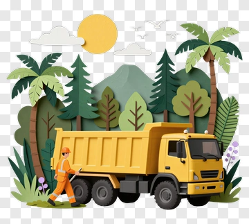 Construction Worker With A Yellow Dump Truck In A Forest PNG