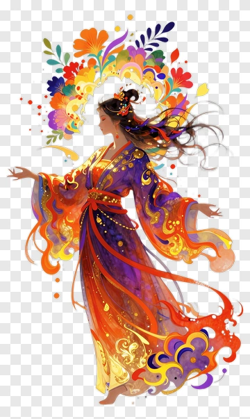 Woman In Colorful Kimono With Floral Background PNG
