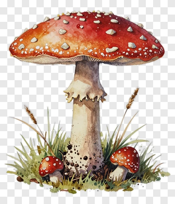 Watercolor Red Mushroom With Grass PNG