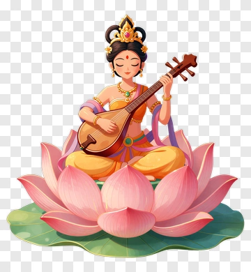 Goddess Playing Veena On A Lotus Flower PNG