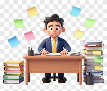 Cartoon Businessman At A Desk Surrounded By Papers PNG