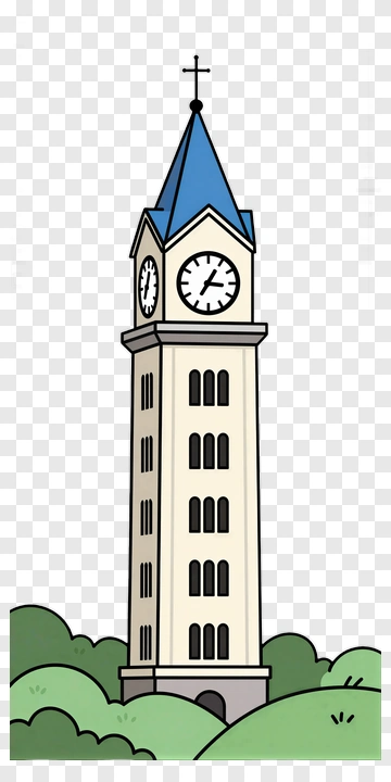 Cartoon Clock Tower Surrounded By Greenery PNG