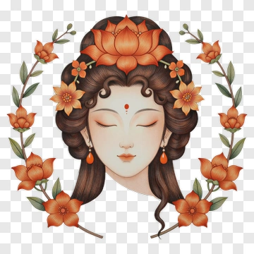 Woman With Floral Headpiece And Lotus PNG