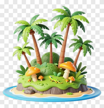 Cartoon Tropical Island With Palm Trees And Mushrooms PNG