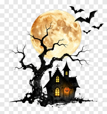 Haunted House Under A Full Moon With Bats PNG