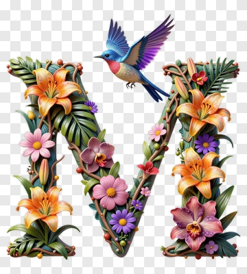 Colorful Floral Letter M With Bird PNG