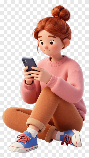 3D Girl Sitting And Using A Smartphone PNG