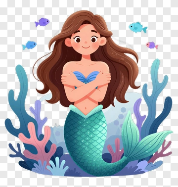 Cartoon Mermaid With Coral And Fish PNG