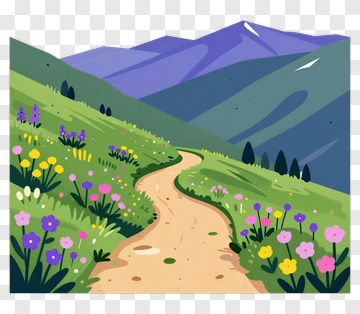 Scenic Mountain Path With Colorful Flowers PNG